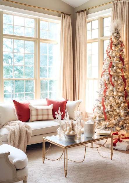 Salon confortable avec arbre de Noël et cadeaux rouges dans un intérieur moderne Fond de joyeux Noël