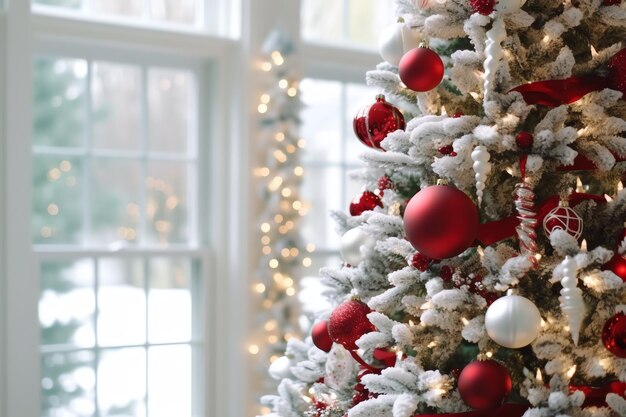 Salon confortable avec arbre de Noël et cadeaux rouges dans un intérieur moderne Joyeux Noël en arrière-plan