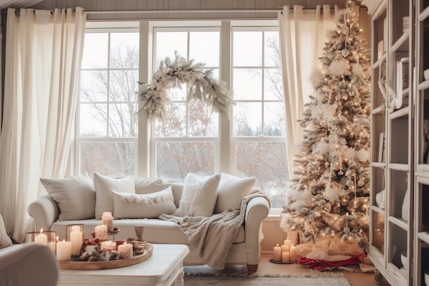 Salon confortable avec arbre de Noël et cadeaux rouges dans un intérieur moderne Joyeux Noël en arrière-plan