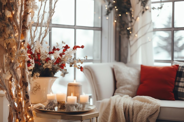 Salon confortable avec arbre de Noël et cadeaux rouges dans un intérieur moderne Joyeux Noël en arrière-plan