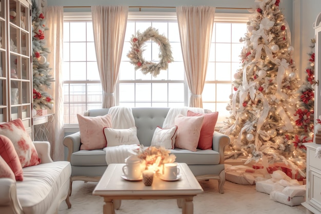 Salon confortable avec arbre de Noël et cadeaux rouges dans un intérieur moderne Joyeux Noël en arrière-plan