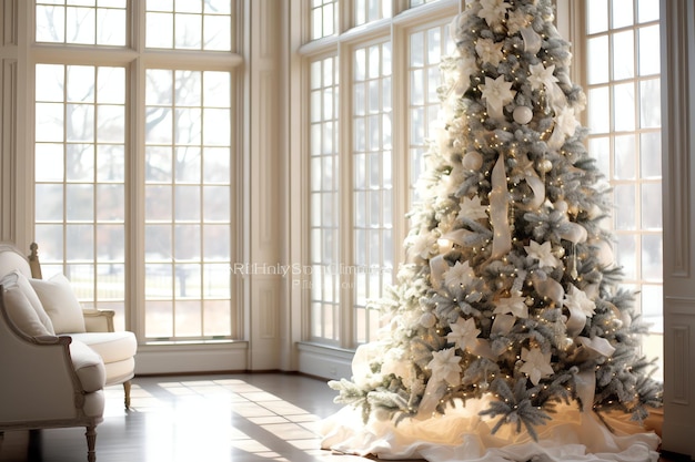 Salon confortable avec arbre de Noël et cadeaux rouges dans un intérieur moderne Joyeux Noël en arrière-plan