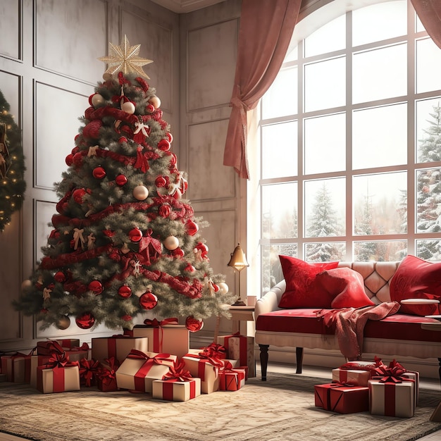 Salon confortable avec arbre de Noël et cadeaux rouges dans un intérieur moderne Joyeux Noël en arrière-plan