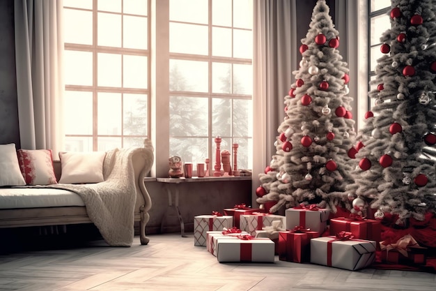 Salon confortable avec arbre de Noël et cadeaux rouges dans un intérieur moderne Joyeux Noël en arrière-plan