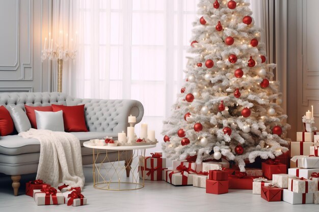 Salon confortable avec arbre de Noël et cadeaux rouges dans un intérieur moderne Joyeux Noël en arrière-plan