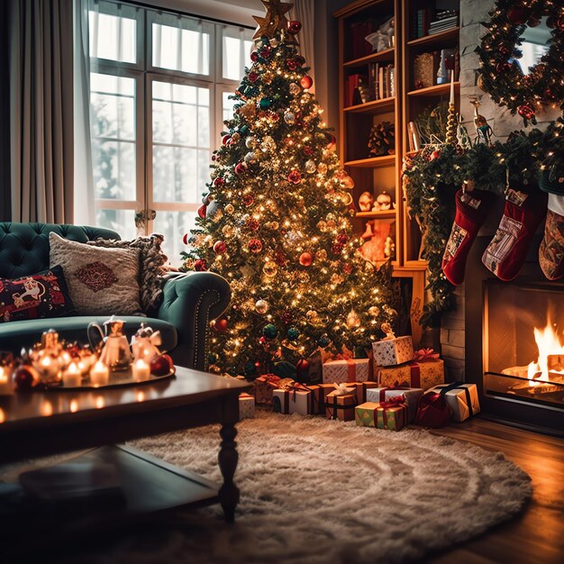 Photo salon confortable avec arbre de noël et cadeaux rouges dans un intérieur moderne joyeux noël en arrière-plan