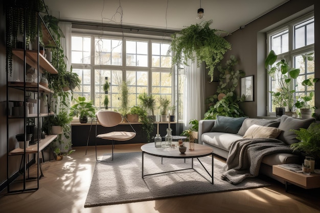 Salon confortable avec baies vitrées, lumière naturelle et plantes d'intérieur