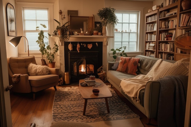 Salon confortable avec bibliothèque cheminée et jeté de lit