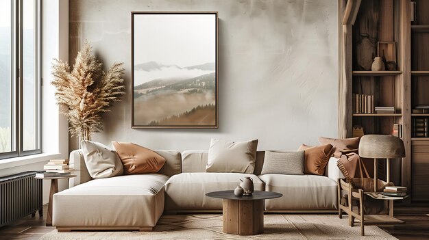Salon confortable avec un canapé-table et une peinture sur le mur