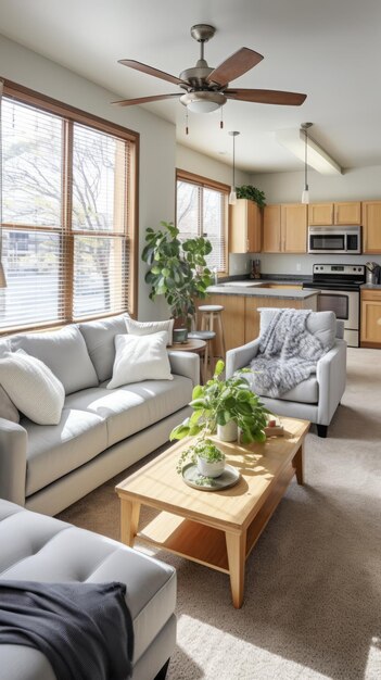 Photo un salon confortable avec un canapé, un tapis de table à café et des plantes