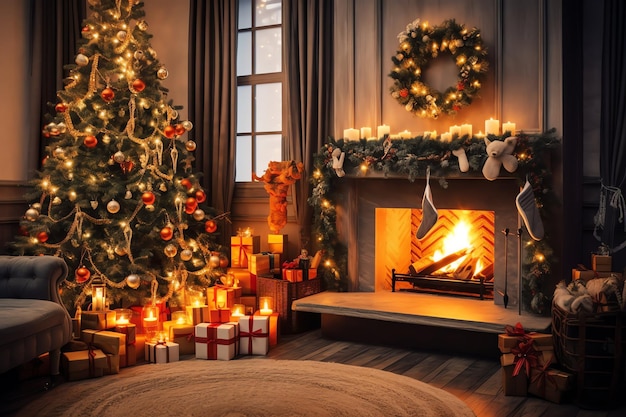 Salon confortable avec cheminée et arbre de Noël dans un intérieur classique Joyeux Noël en arrière-plan