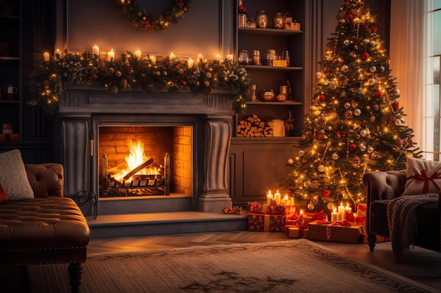 Salon confortable avec cheminée et arbre de Noël dans un intérieur classique Joyeux Noël en arrière-plan