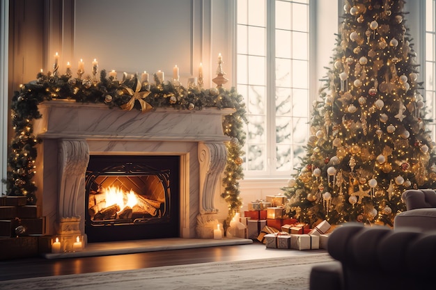 Salon confortable avec cheminée et arbre de Noël dans un intérieur classique Joyeux Noël en arrière-plan