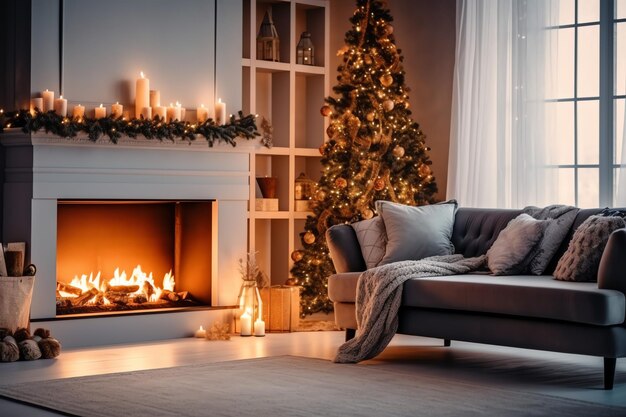 Salon confortable avec cheminée et arbre de noël dans un intérieur classique Joyeux noël