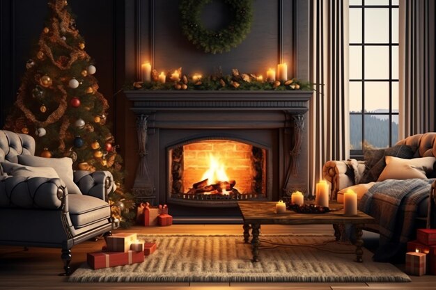 Salon confortable avec cheminée et arbre de noël dans un intérieur classique Joyeux noël