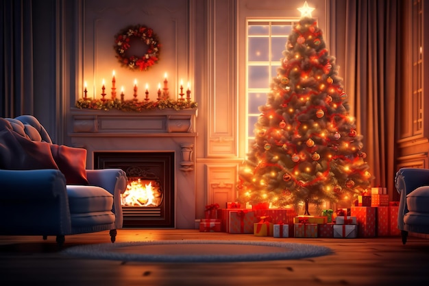 Salon confortable avec cheminée et arbre de noël dans un intérieur classique Joyeux noël