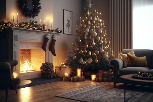 Salon confortable avec cheminée et arbre de noël dans un intérieur classique Joyeux noël