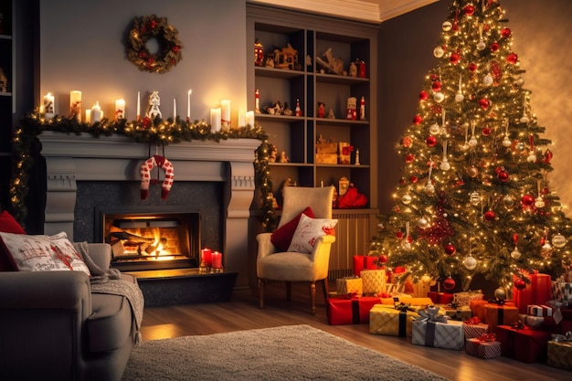 Salon confortable avec cheminée et arbre de noël dans un intérieur classique Joyeux noël