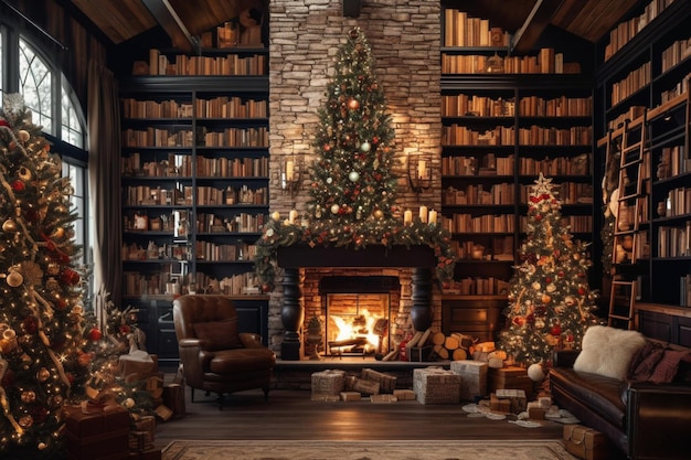 Salon confortable avec cheminée et arbre de noël dans un intérieur classique Joyeux noël