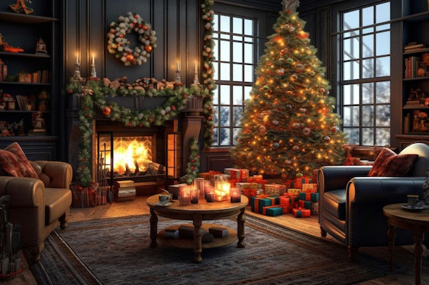 Salon confortable avec cheminée et arbre de noël dans un intérieur classique Joyeux noël