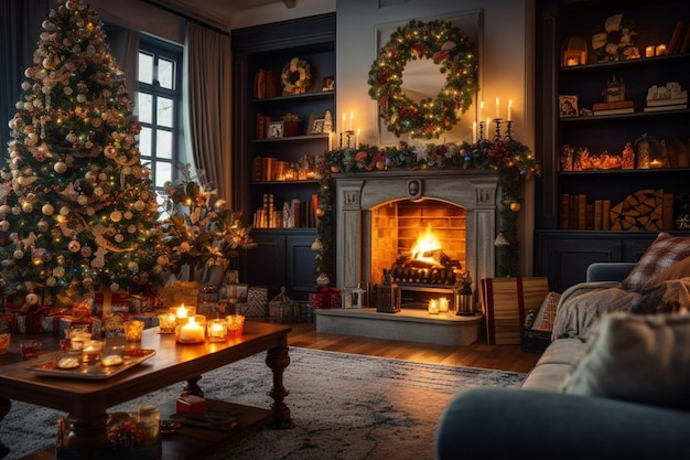 Salon confortable avec cheminée et arbre de noël dans un intérieur classique Joyeux noël