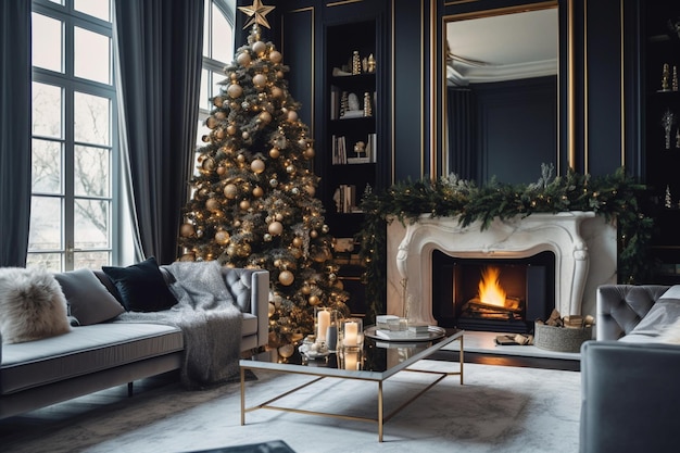Salon confortable avec cheminée et arbre de noël dans un intérieur classique Joyeux noël