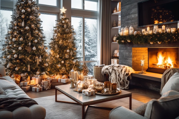 Salon confortable avec cheminée et arbre de noël dans un intérieur classique Joyeux noël