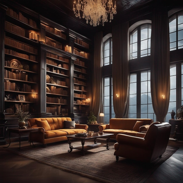 Salon confortable avec cheminée et grande fenêtre offrant une vue imprenable et une ambiance tranquille