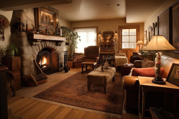 Un salon confortable avec une cheminée et des meubles confortables créés avec une IA générative