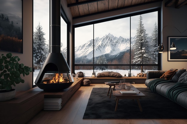 Un salon confortable avec une cheminée moderne et une fenêtre panoramique avec une belle vue sur les montagnes enneigées Le concept de détente dans des maisons ou des cabanes dans la nature Generative AI