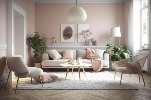 Salon confortable et élégant avec des murs et des meubles roses Generative AI