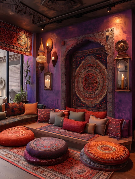 Photo un salon confortable d'inspiration indienne avec des sièges au sol, un robinet complexe, une disposition intérieure, un décor créatif.