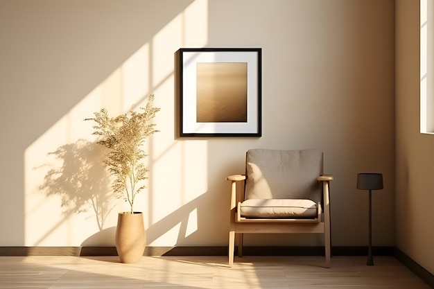 Salon confortable intérieur beige avec modèle de cadre d'affiche maquette sur mur chaise confortable en bois fauteuil table basse bol pot de fleurs ombre lumineuse de fenêtre appartement minimaliste design de maison