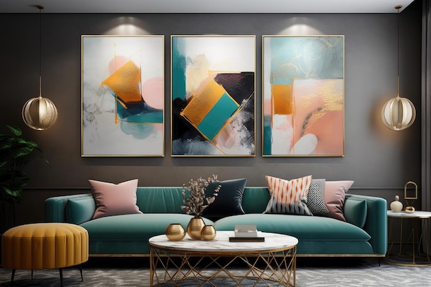 Salon confortable avec des meubles élégants et des peintures colorées Generative AI