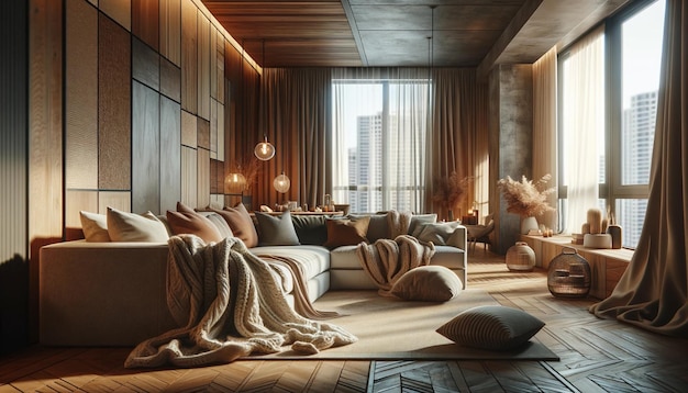 Salon confortable avec des meubles et une grande fenêtre