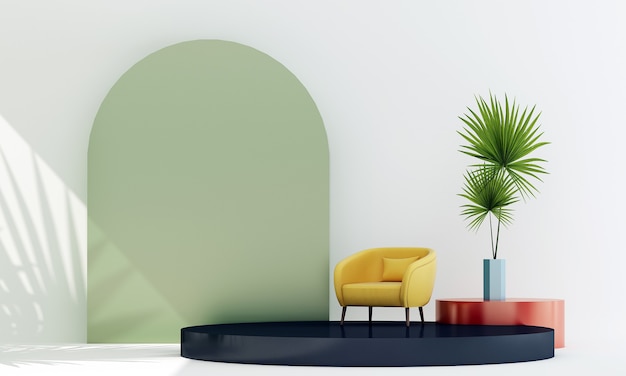 salon confortable moderne et chaises jaunes et plante sur podium d'affichage sur fond blanc