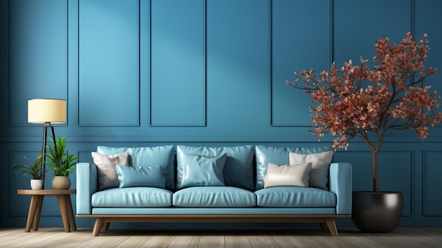 Salon confortable moderne et fond de texture de mur bleu design d'intérieur rendu 3D