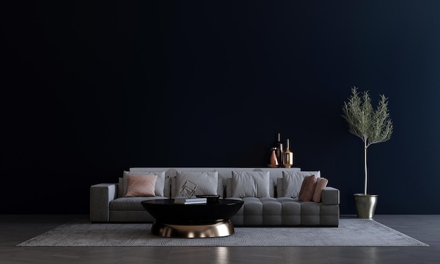 Salon confortable moderne noir mur vide texture fond design d'intérieur rendu 3D