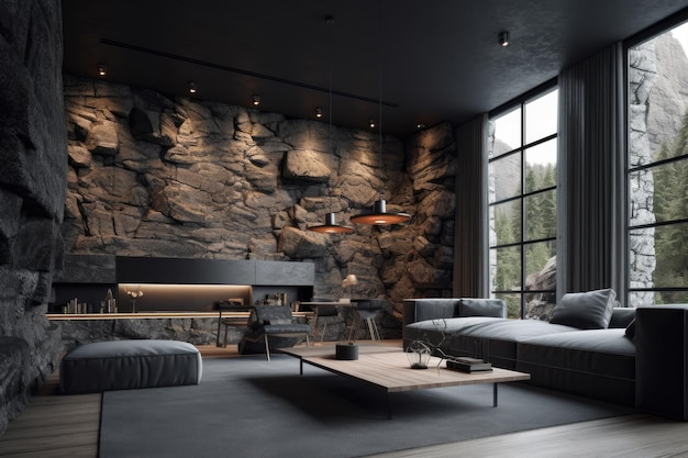 Salon confortable avec des murs en pierre et des meubles rustiques Generative AI