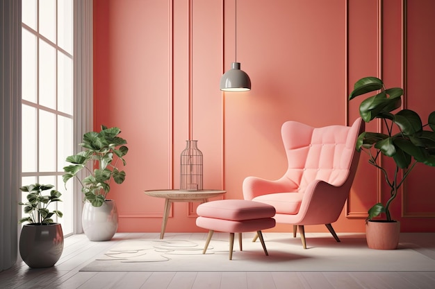 Salon confortable avec des murs rose tendre et un fauteuil rose confortable Generative AI