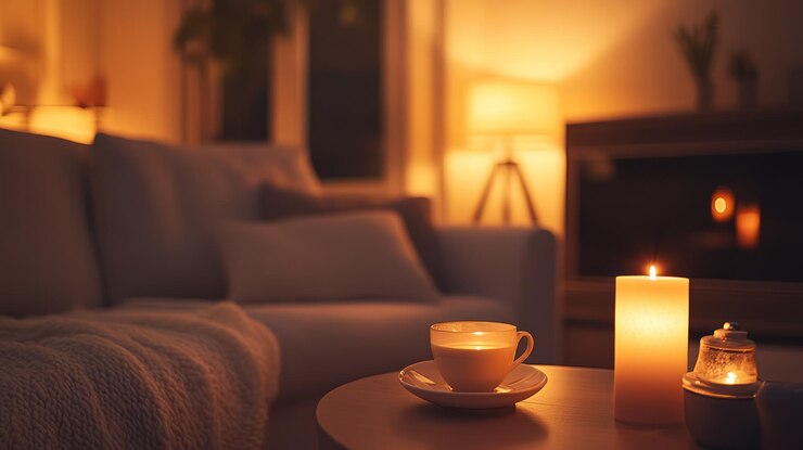 Photo un salon confortable la nuit avec des bougies chaudes et une tasse de thé