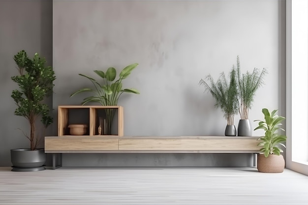 Salon confortable avec plantes vertes et maquette de mur en béton Generative AI