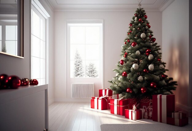 Salon confortable avec sapin de noël et cadeaux rouges dans un intérieur moderne Fond de joyeux noël