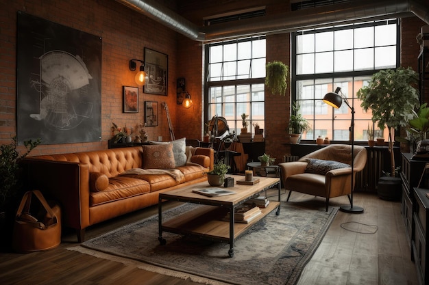 Salon confortable de style industriel avec des couleurs chaudes et des canapés en cuir créés avec une IA générative