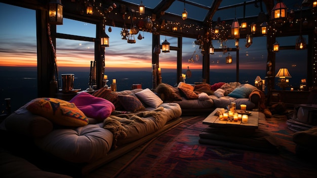 Salon confortable avec vue sur le coucher de soleil