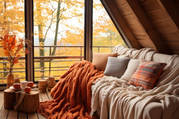 Photo un salon confortable avec vue sur le feuillage d'automne