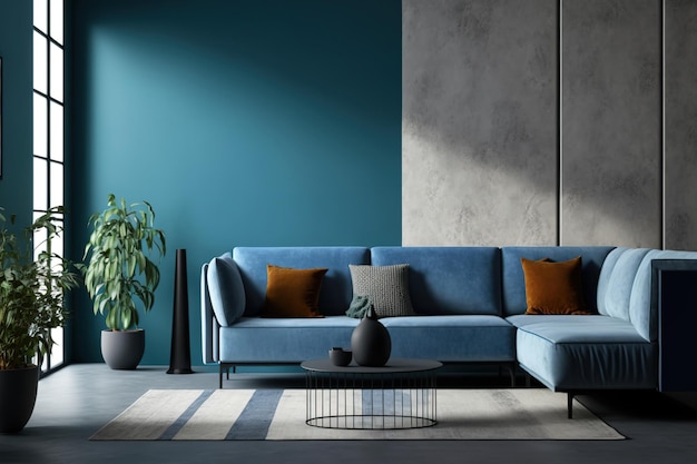 Salon contemporain avec un canapé en tissu, d'autres meubles et une maquette sur un mur bleu