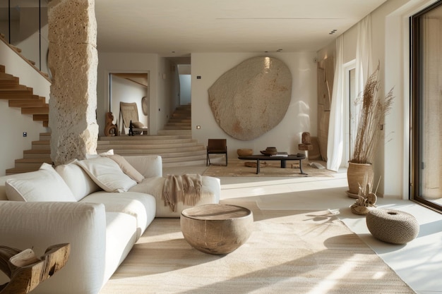 Un salon contemporain décoré d'un schéma de couleurs blanc et beige naturel émettant une élégance simple et confortable sous l'éclairage doux de la lumière du jour