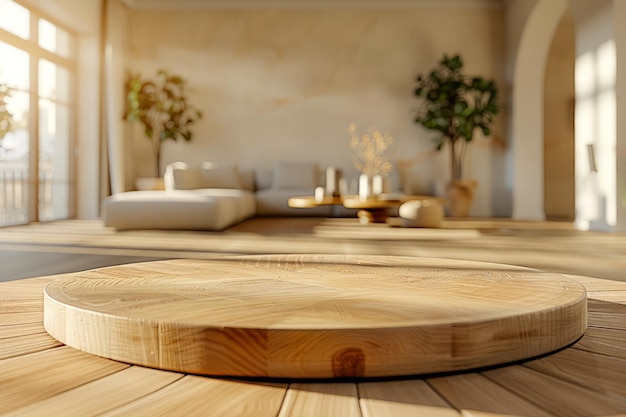Salon contemporain avec lumière naturelle chaude Meubles modernes et plancher en bois Cosmétique et