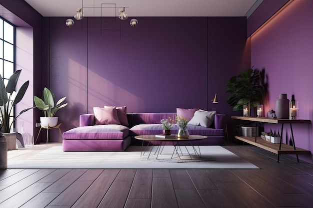 Salon cosy aux murs et meubles violets Generative AI